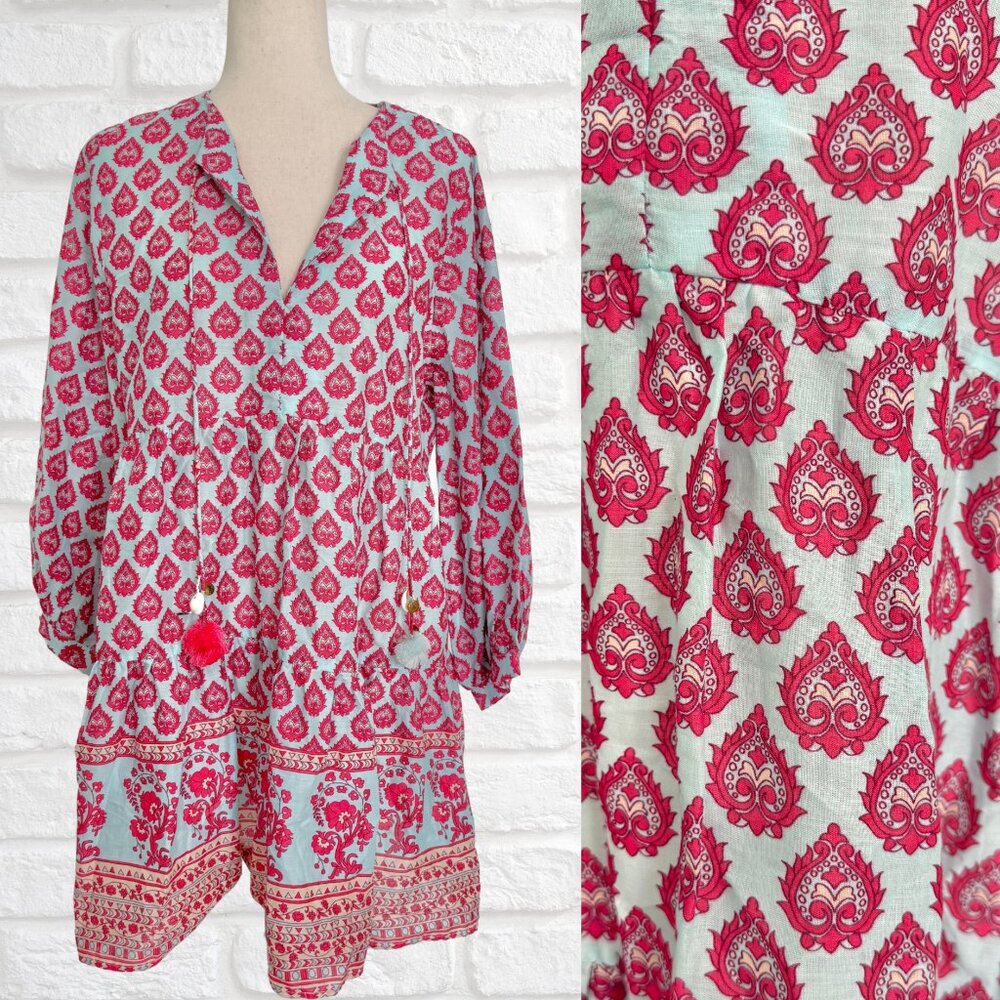 NWT Zara Long Sleeve Boho Pattern Mini Dress Blue Pink Tassels Flowy Size Medium